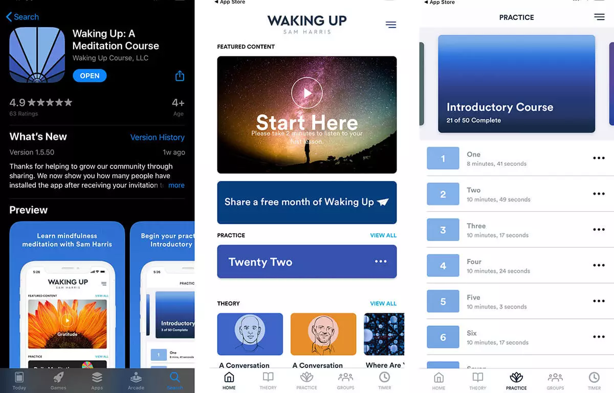 Waking Up meditation app user interface